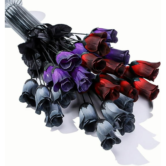 Twfbrm Artificial Black Flowers, Halloween Decorations 5 Head Realistic Faux Silk Rose Flowers with Stems, UV Resistant Gothic Rose Bouquet Table Centerpiece for DIY Bridal Bouquets, Wedding, Party