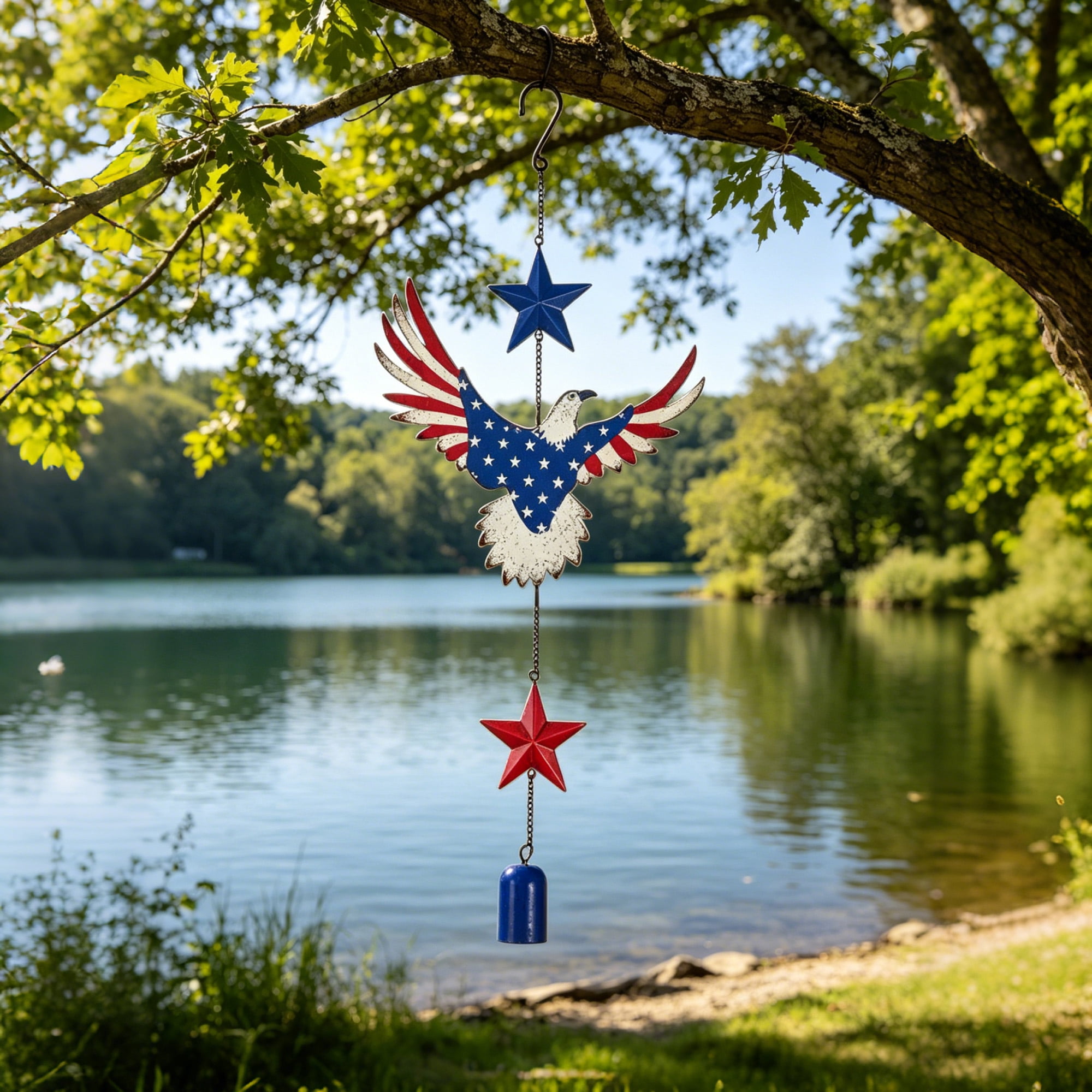 Abble 20 Inch Patriotic Eagle Wind Chime, Rustic Metal American Flag Eagle Hanging Bell Wind Chime with Red Blue Star Ornaments, Weatherproof Outdoor Indoor Patriotic Decor for Porch Garden Yard