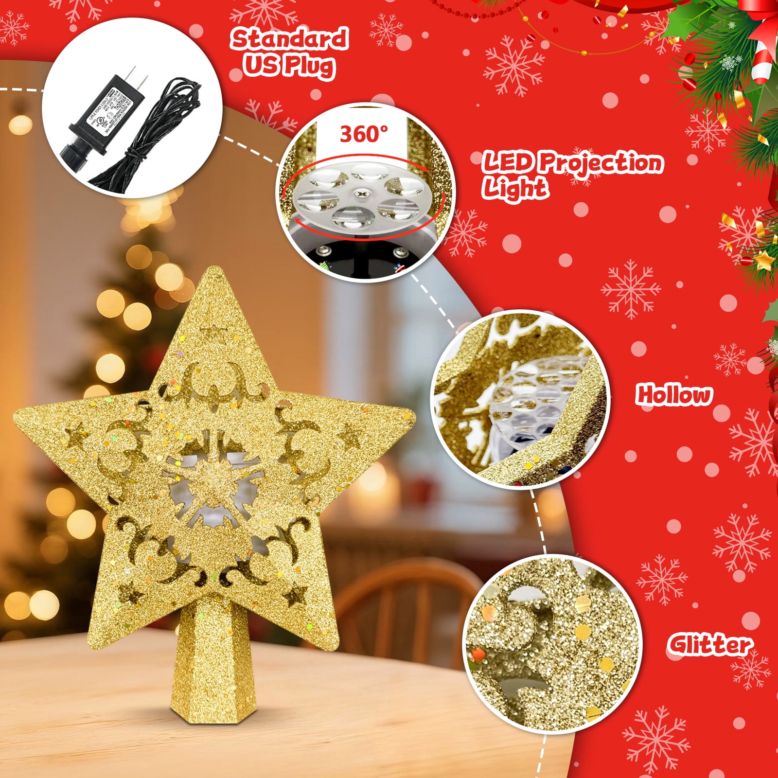 Christmas Star Tree Topper with Built-in Led Projector Lights Hollowed Pentagram Tree Topper, Christmas Decorations Light, Plug in Christmas Tree Ornament for Indoor Office New Year Holiday, Gold