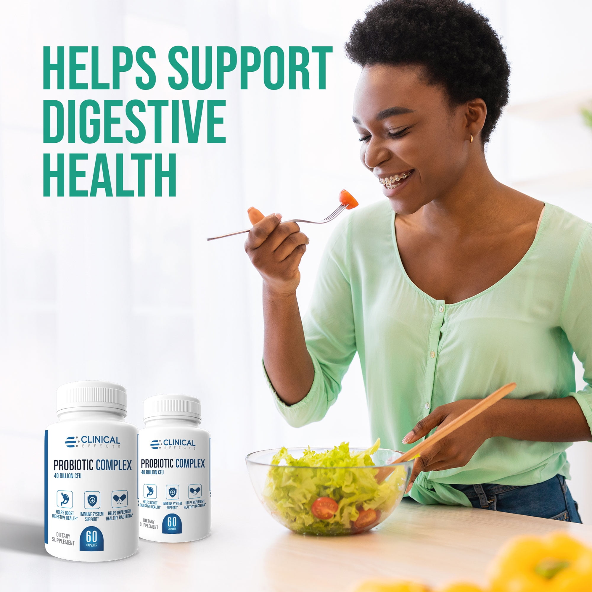 Clinical Effects Probiotic Complex - Gut Health Probiotics for Women and Men - 6 Key Organic Probiotic Strains to Support Digestion and Overall Health - 60 Veggie Probiotic Capsules - Made in The USA