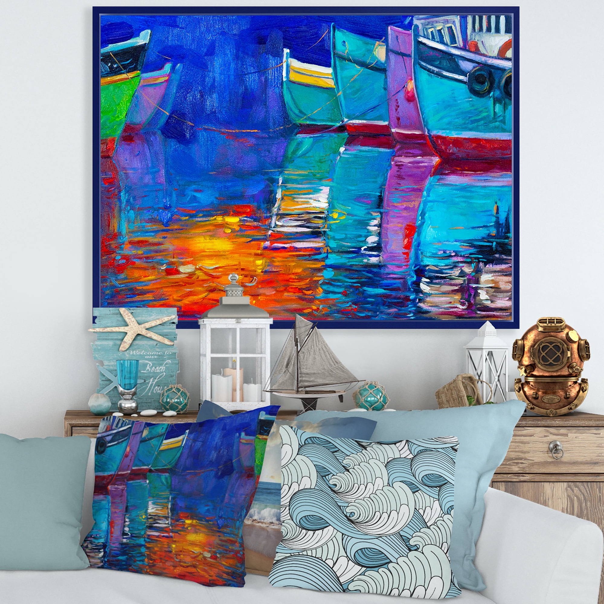 Boats During Warm Sunset Resting On The Water I 32 in x 24 in Framed Painting Canvas Art Print, by Designart