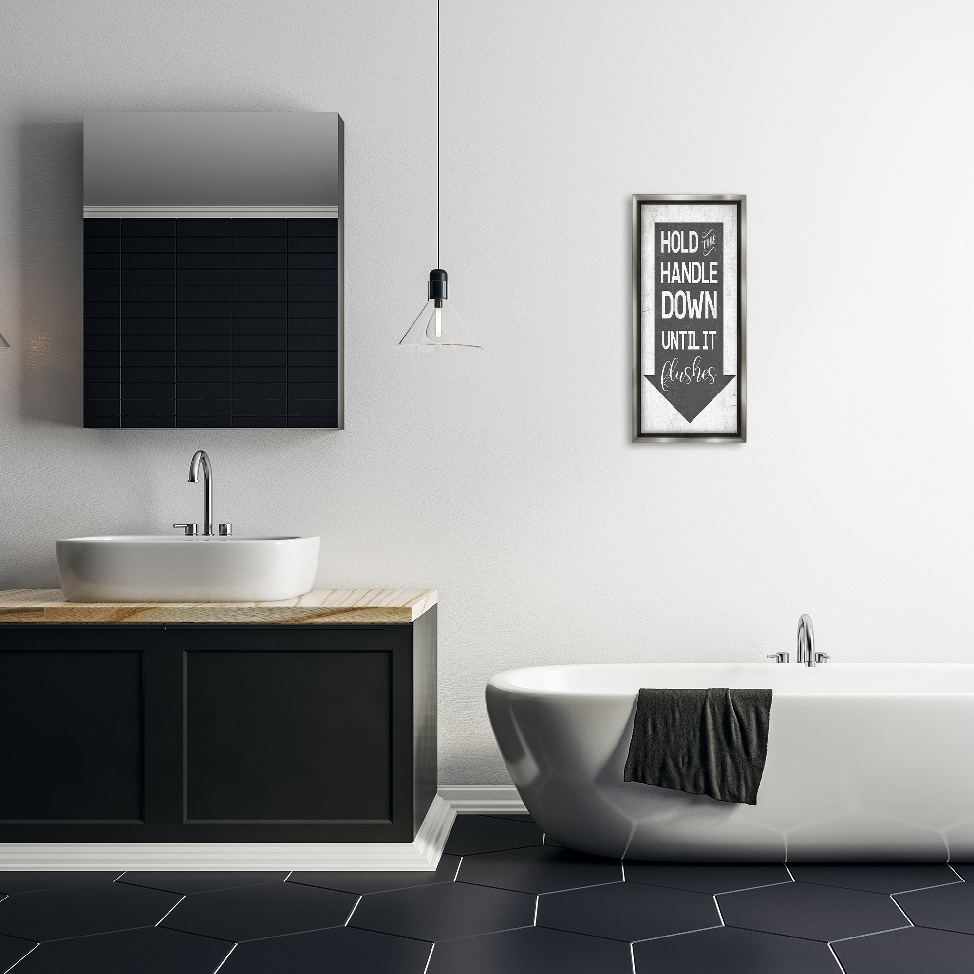 Stupell Industries Hold Handle Down Bathroom Arrow Typography Painting Gray Floater Framed Canvas Art Print Wall Art, 11 x 25