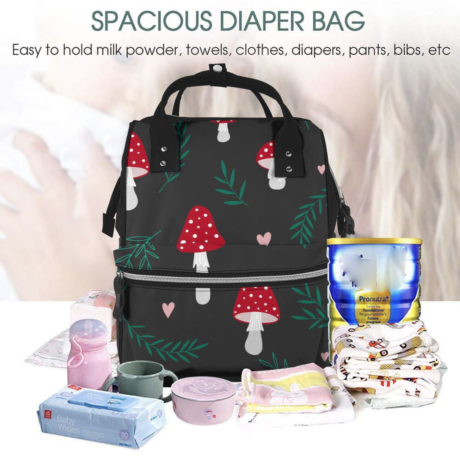 Ratiio Amanita Mushroom Mummy Backpack - Waterproof Twill Canvas, Large Capacity Diaper Bag with Multiple Pockets and Adjustable Straps