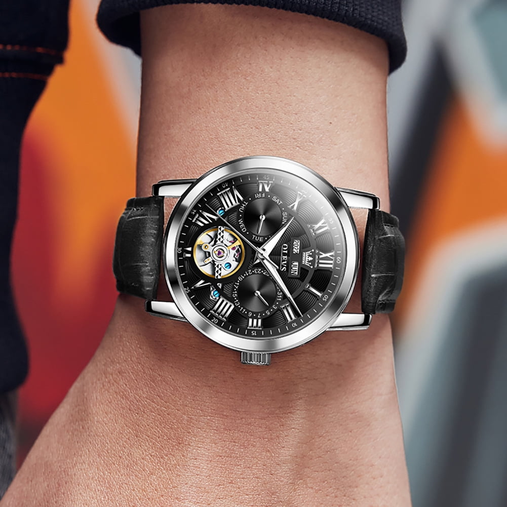 OLEVS Automatic Watches for Men Self Winding Mechanical Skeleton Flywheel Multifunction Luxury Dress Roma Rumerals Calendar Waterproof Luminous Men Wrist Watches Leather