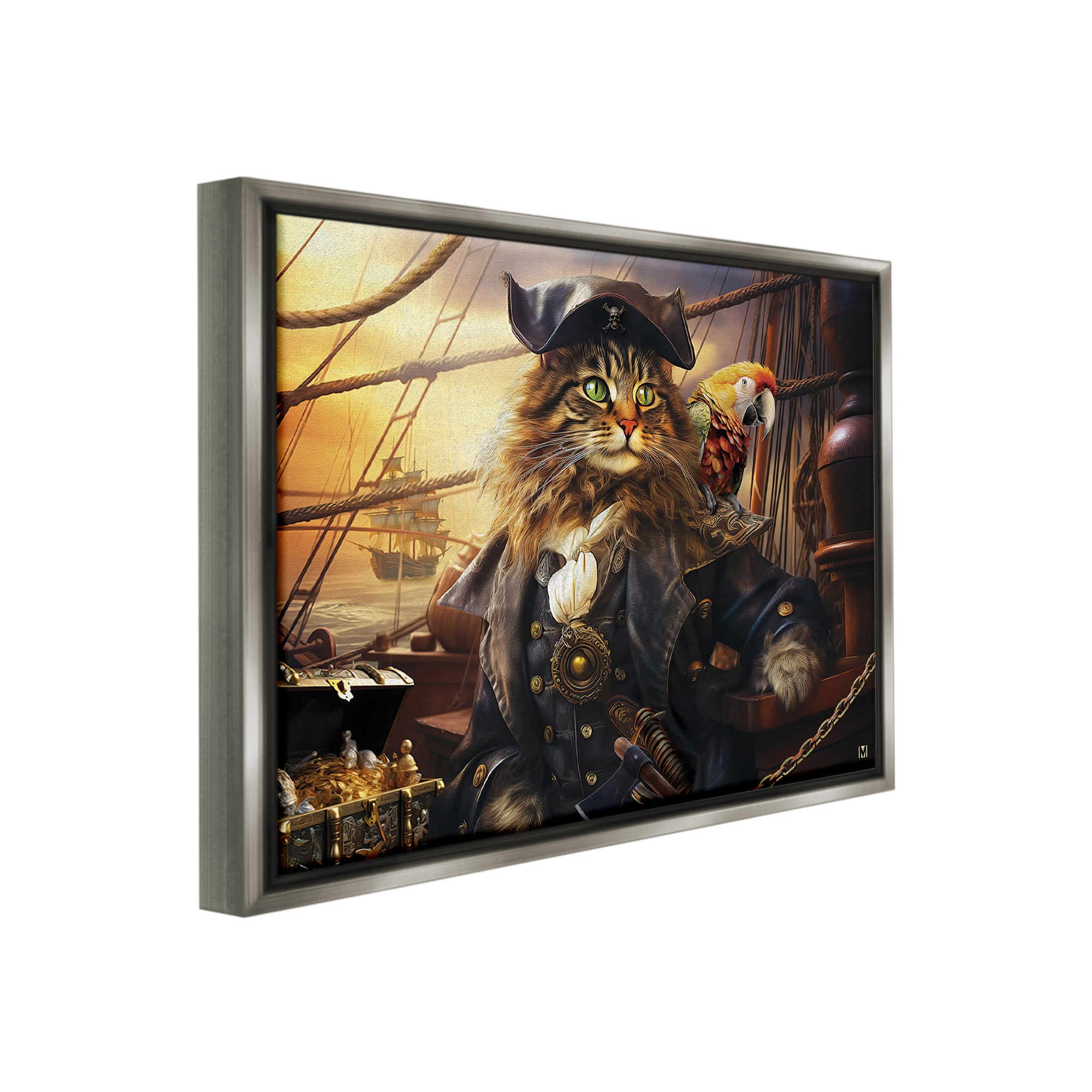 Stupell Industries Pirate Cat on Ship Animals & Insects Painting Gray Floater Framed Canvas Art Print Wall Art, 31 x 25