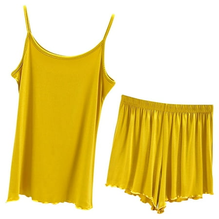 

dmqupv Womens Lingerie Lady Summer Pajamas Set Women Sleeveless Split 2 Piece Camisole Set Suit Yellow XL