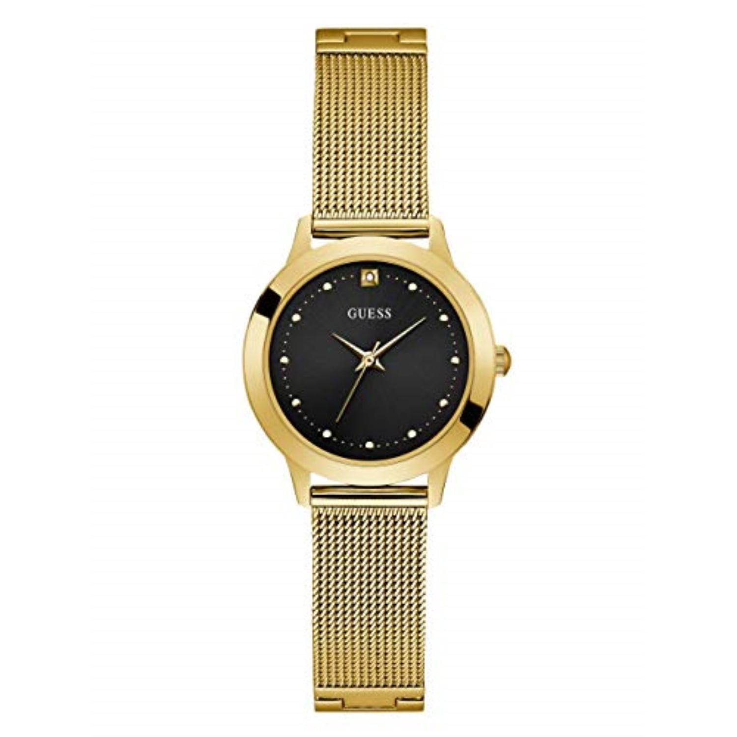 GUESS gues goldtone stainless steel bracelet watch with black
