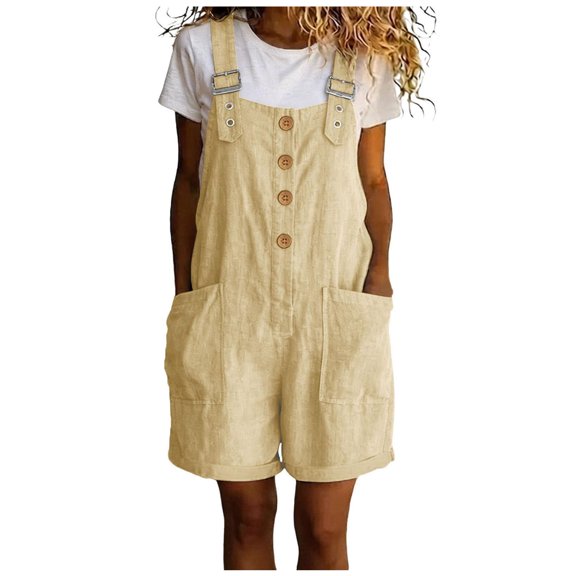 PFWOWB Overall Shorts for Women Linen Shortalls Adjustable Strap Button Front Summer Romper