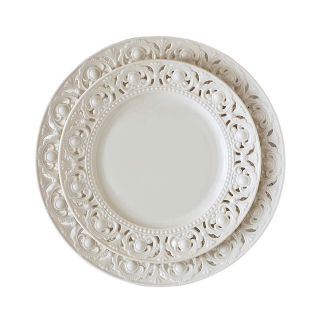 Ornate French Style Plate, Ceramic Dinnerware w/ Embossed & Lace Edge for Dessert, Salad (8/1-inch)