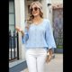 thumbnail image 4 of Camiseta de Mujer con Cuello en V, Mangas 3/4 con Volantes y Ojales, Blusa Informal, Estilo Túnica, Tendencia 2025 Azul XL, 4 of 9