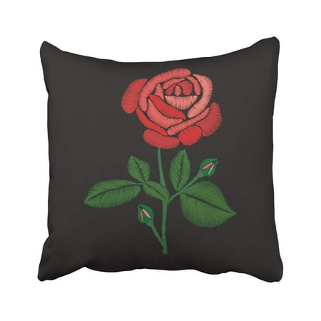 Red Floral Throw Pillow - BPBOP Green Patch Red Rose Embroidery On Black Drawing Floral Flowers Leaves Pillowcase Throw Pillow Cover 18x18 inches