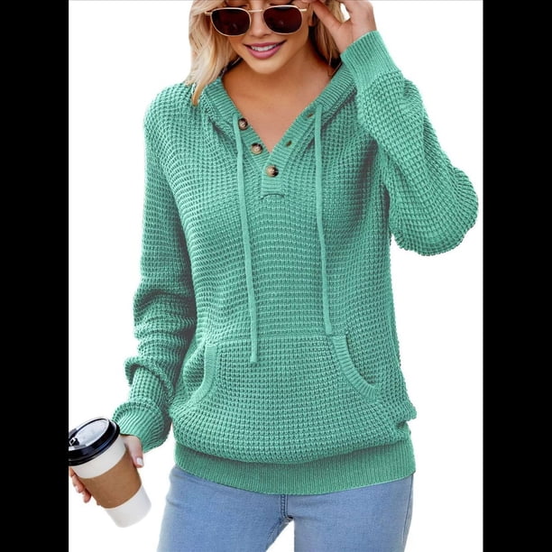 Sudadera de Lana Extragrande con Capucha y Colores Contrastantes para Mujer, de Punto, con Cuello en V, Informal, con Bolsillos Verde XL