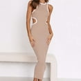 thumbnail image 2 of Cut Out Dress for Women Long Ribbed Sleeveless Crewneck Black and White Bodycon Maxi Dresses Summer Tank Dress (Large, Khaki), 2 of 5
