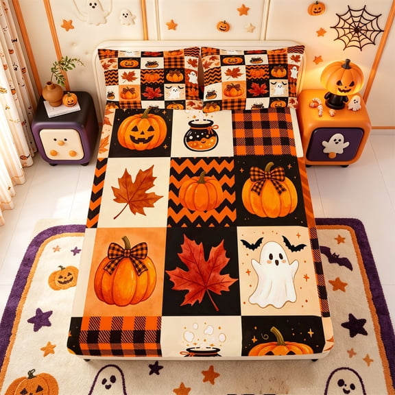 Manfei Fall Maples Leaf Pumpkin Fitted Sheet Full,Kawaii Halloween Ghost Bed Set,3pcs,1 Fitted Sheet and 2 Pillowcases