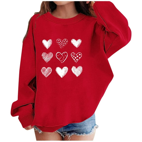 SGFCWSX Kids Valentine's Day Heart Print Sweatshirt Long Sleeve Crewneck Pullover for Girls Warm Casual Tops Red Size 1-2 Years