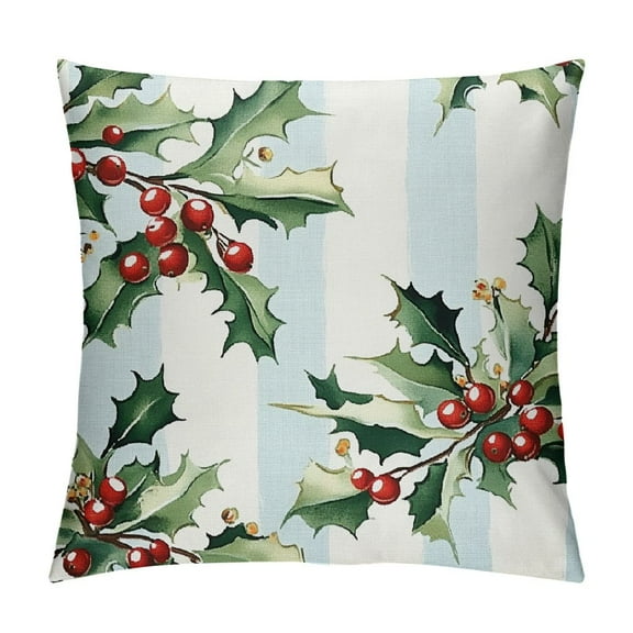 Patifu Christmas Holly Leaves Throw Pillow Covers Red Berry Decorative Pillow Case Blue and White Striped Winter Pillow Covers for Home Decor Living Room 12x12in