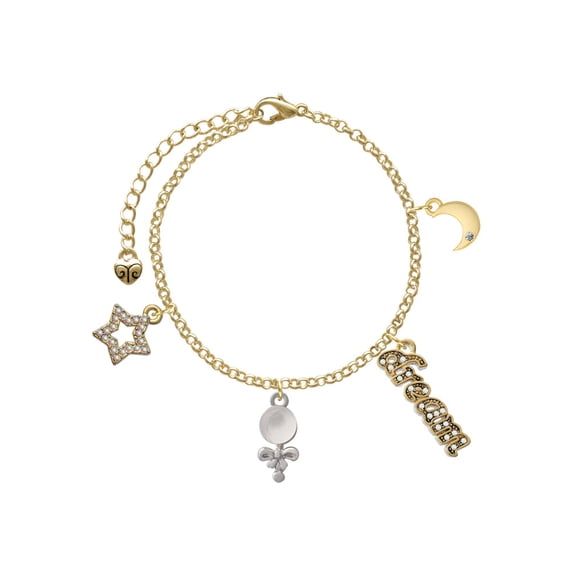 Delight Jewelry Silvertone Clear Frosted Baby Rattle Goldtone Dream Big Charm Bracelet, 7.5 2" Extender