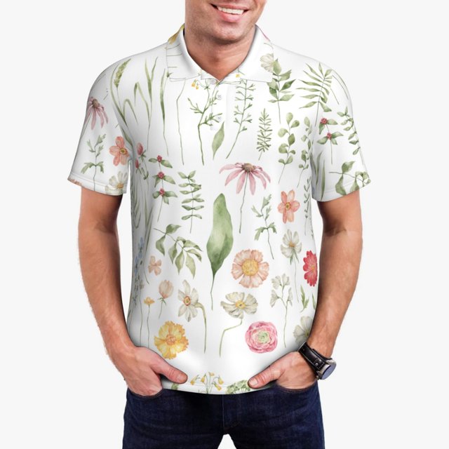 Fotbe Wildflower Watercolor 2 Camiseta Polo de Golf para Hombre con Estampado – Camisa Deportiva Transpirable con Cuello Abotonado-X-Large