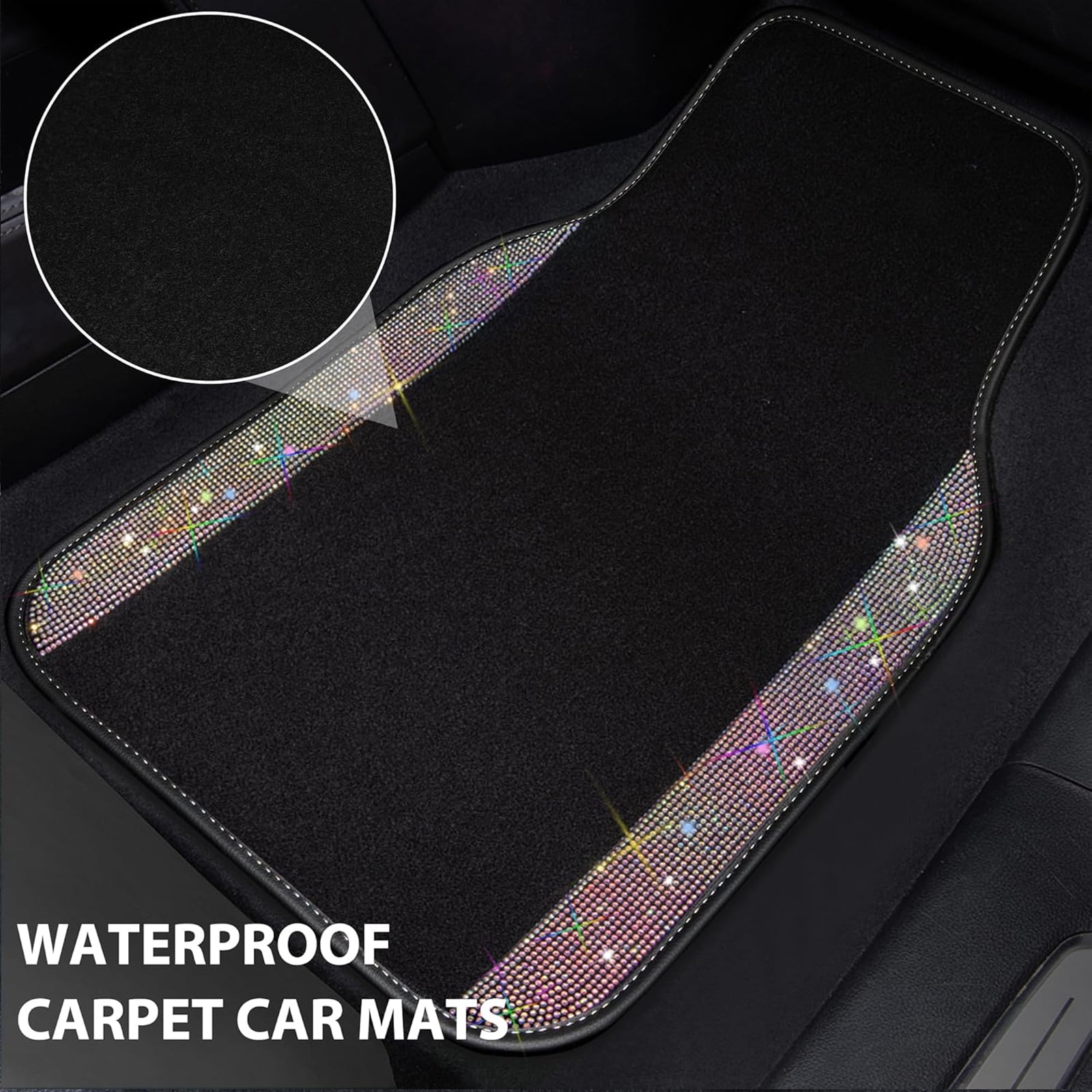 Car-Grand Bling Rhinestone Diamond car floor mats shining carpet sparkly glitter crytal with anti-slip heel waterproof universal fit cute girl women 4pcs Multi-color