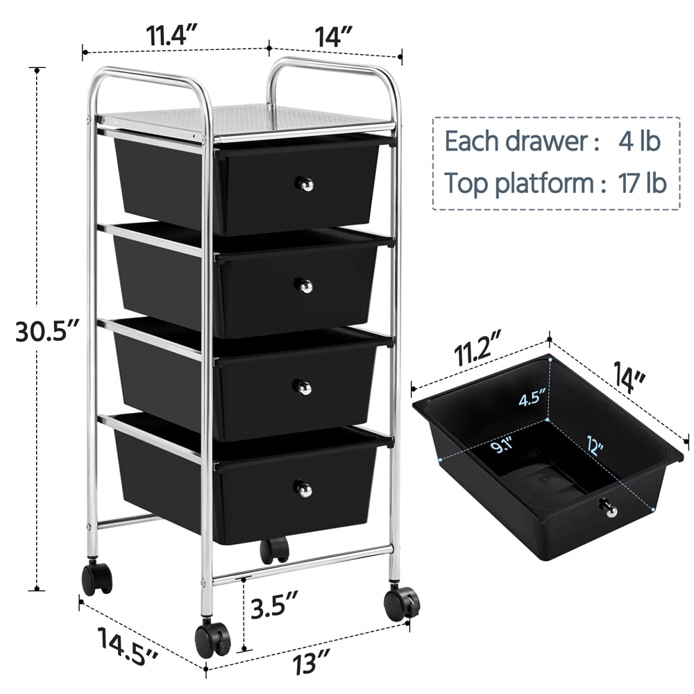 Alden Design 4 Drawers Metal Frame Storage Cart Rolling Bin Trolley, Black