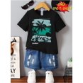 thumbnail image 1 of Boys Casual Comfy Summer Short Sleeve Crew Neck T-shirt - Letters & Palm Tree And Seaside Scene Graphic Trendy Summer Gift, 1 of 6