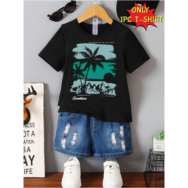 Boys Casual Comfy Summer Short Sleeve Crew Neck T-shirt - Letters & Palm Tree And Seaside Scene Graphic Trendy Summer Gift