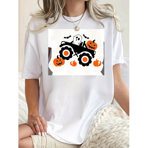 Women'S Casual Crew Neck Short Sleeve T-Shirt, Knit Polyester Fabric with Medium Stretch, Geometric Pumpkin and Monster Truck Print, for All Season Comfort Tee