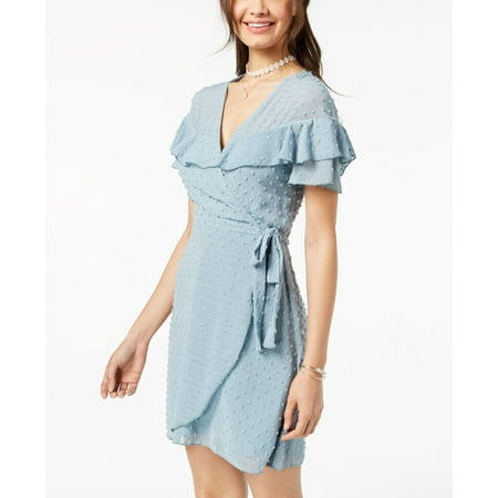 Teeze Me Juniors' Ruffled Clip-Dot Faux-Wrap Dress (Blue, 9)