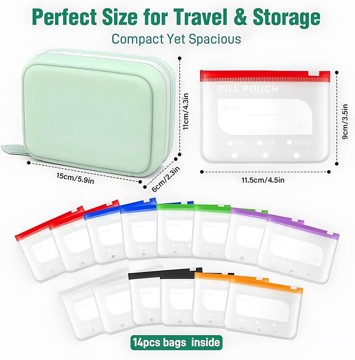 Waterproof Pill Pouch Set, Reusable A8 Waterproof Pill Pouch with 14 Color-Coded Bags Portable Travel Pill Organizer Pouches Large Weekly Pill Organizer for Travel Purse Daily Use (Black)