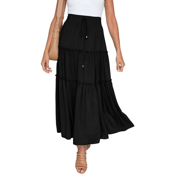cocolona Women's Summer Elastic Waist Ruffle Flowy Beach Casual Maxi Skirt on Clearance