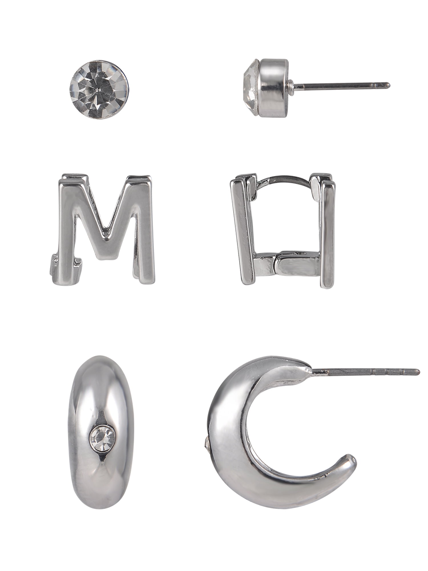 Time and Tru Silvertone 3-On Crystal Stud, Hoop, Initial "M" Earring Set