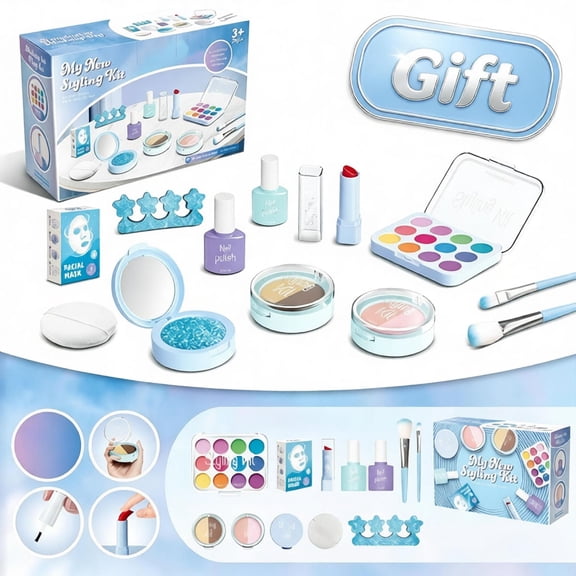 Pretend Makeup Kit for Girls Ages 3 , Fake Beauty Cosmetics Set with Nail Polish Eyeshadow Lipstick Crown Brushes, Non-Toxic Mess-Free Beauty Salon Role Play Toys for Toddlers Girls Birthday Gifts