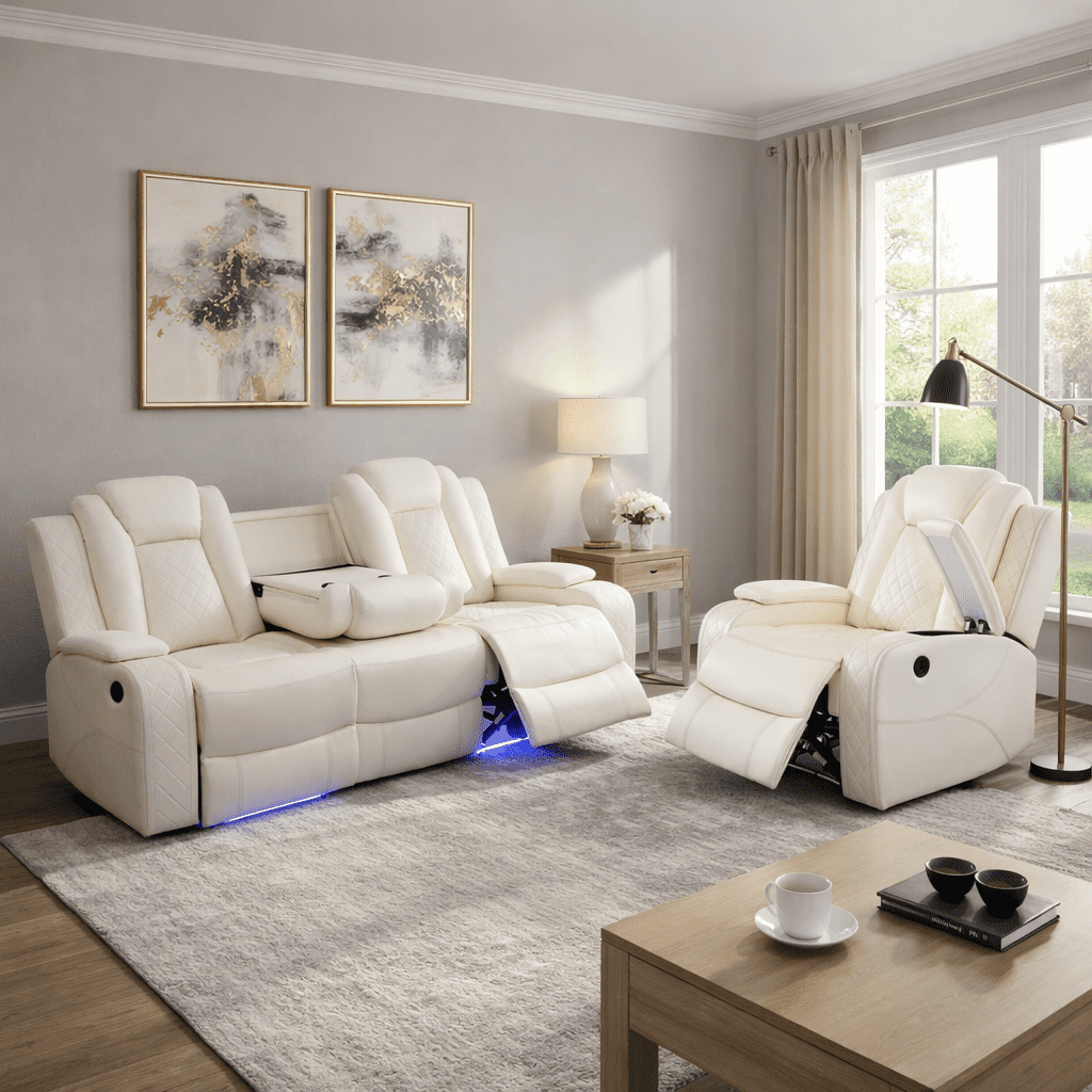 Gewnee 3-Seat Power Adjustable Sofa with One Recliner, Console & Cup Holders, Air Leather, Adjustable Reclining Angles, Suitable for Living Room,Beige