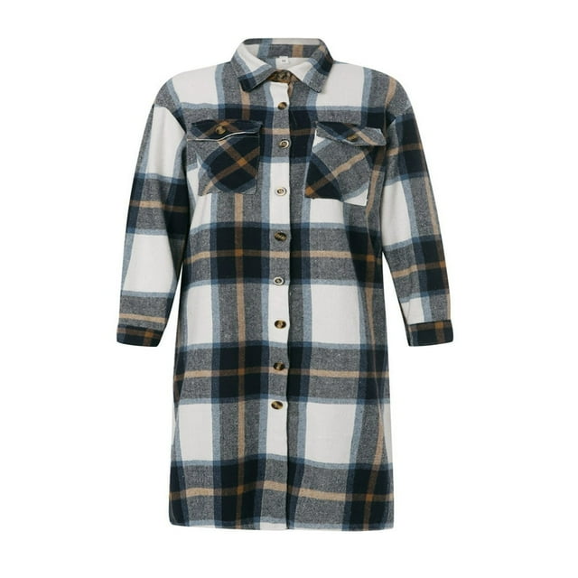 Women Plaid Windbreaker Coat Button-down Long Sleeve Lapel Jacket With Pockets Fall Spring Outwear