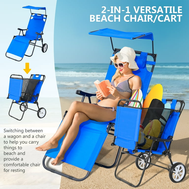 MOPHOTO Folding Beach Chair with Canopy Shade and Wheels, Outdoor