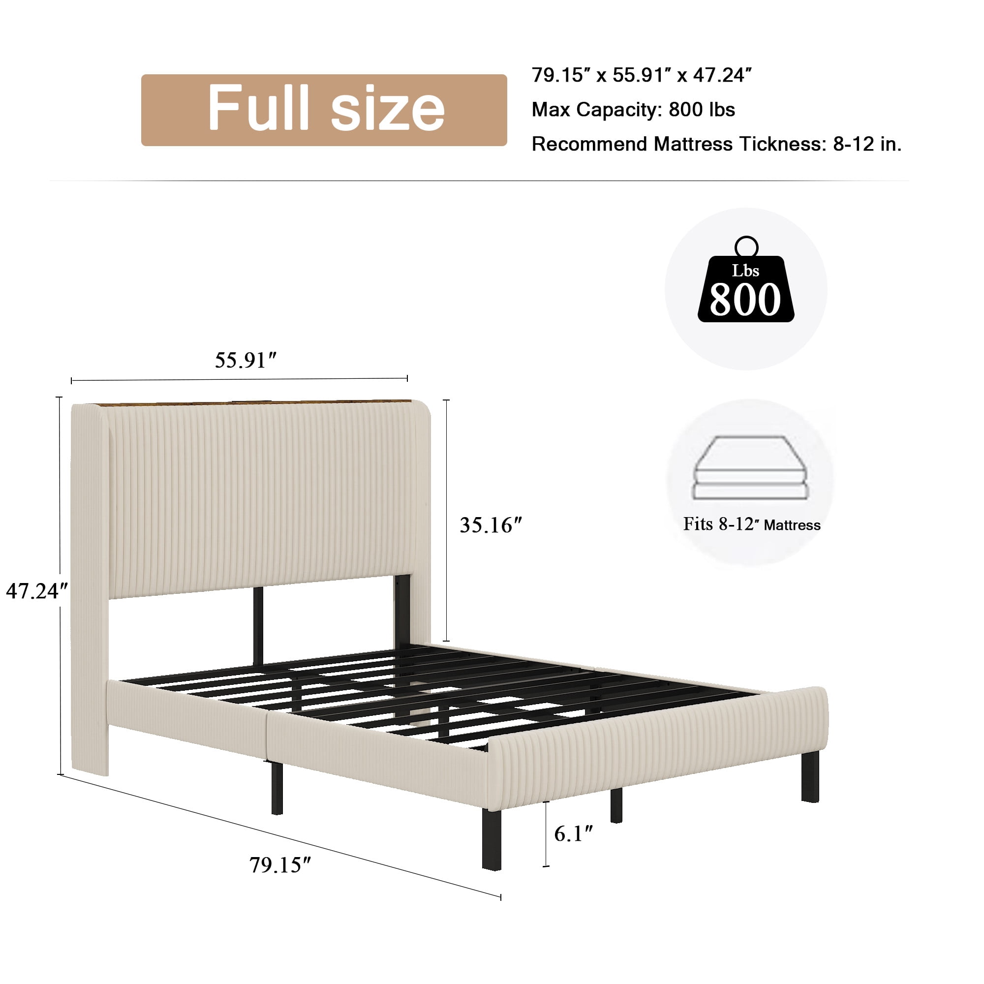 Miniyam Full Size Upholstered Platform Bed with Storage Headboard, USB Ports for Adult, Beige