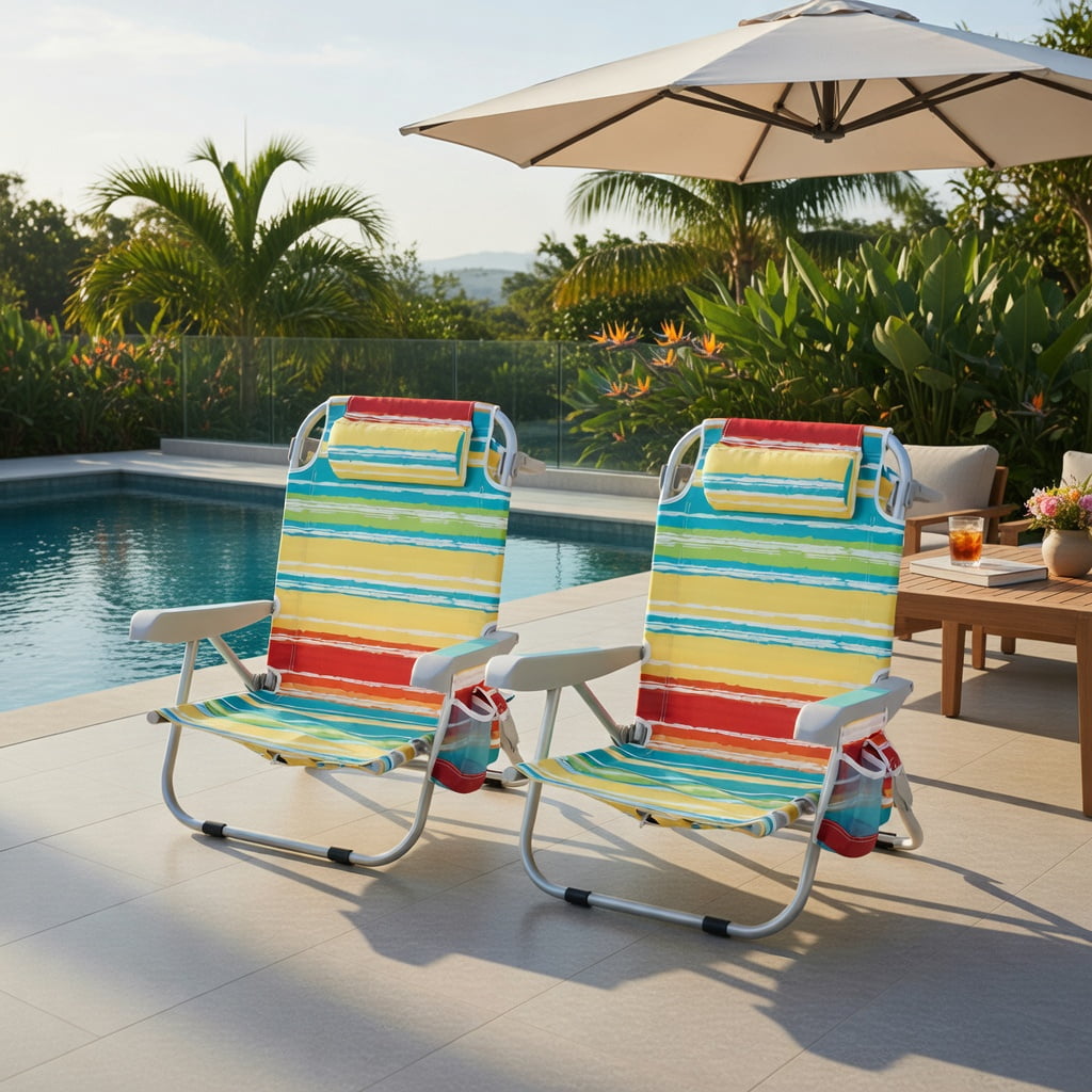 Hommoo 2-Pack Foldable Beach Chairs with Cup Holders, Adjustable Backrest & Storage Pockets, Lightweight Aluminum Frame, Waterproof 600D Oxford Fabric, Multicolor