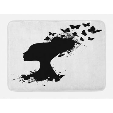 Silhouette Bath Mat, Monochrome Woman Head Profile Side Butterflies Splash Ornaments, Plush Bathroom Decor Mat with Non Slip Backing, 29.5" X 17.5", Charcoal Grey and White, by Ambesonne