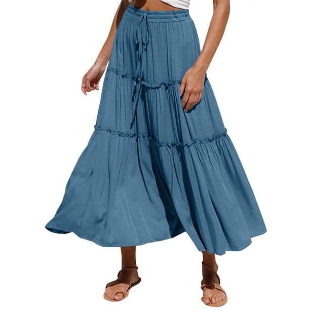 Gibobby faldas cargo de para mujer, faldas irregulares plisadas de media longitud de Color sólido, falda elegante holgada de verano(Azul, S)