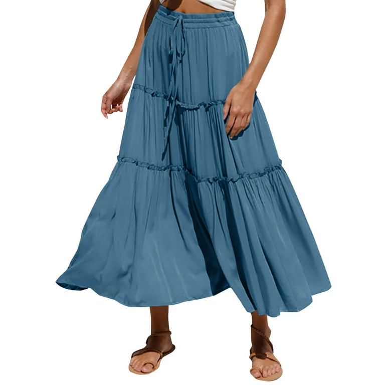 GWAABD Elastic Waist Skirts for Women Women Fashion Casual Skirt Solid  Color Pleated Irregular Half Length Skirt Elegant Loose Summer Skirt