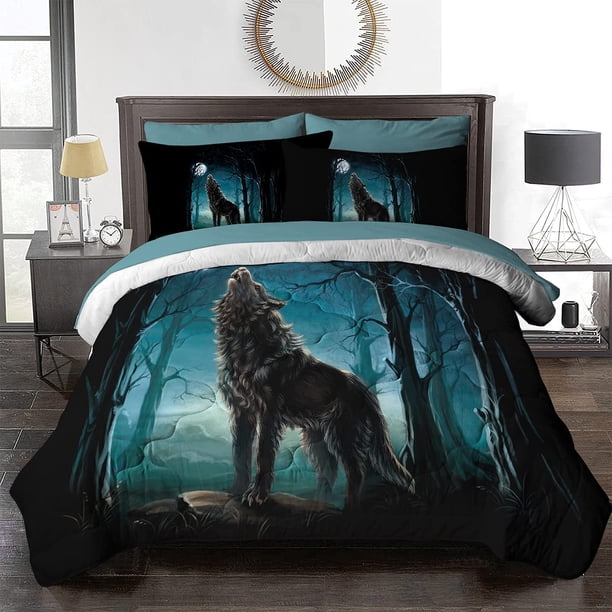 Edredón Lobo Twin para Niño Niña Verde Bosque Juego de cama Lobo Twin 8 Piezas