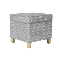 Benjara Pyp Square Storage Ottoman- 18" Gray Print Fabric- Brown Wood