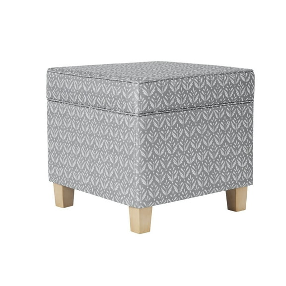 Benjara Pyp Square Storage Ottoman- 18" Gray Print Fabric- Brown Wood