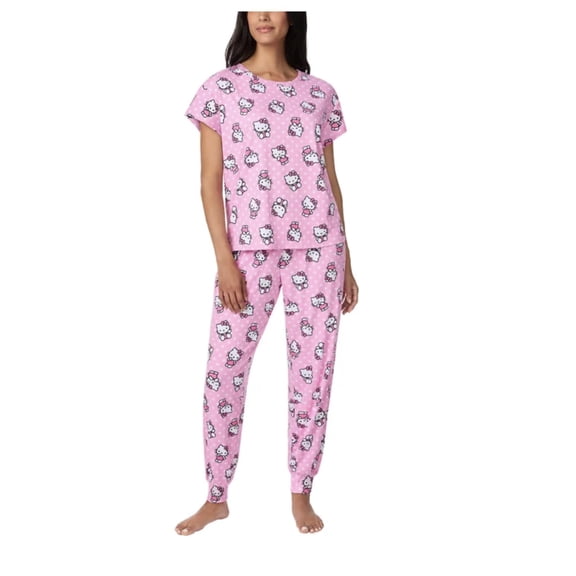 Hello Kitty Sanrio Women's 2 Piece Ribbed Lounge Pajama Set, Tee and Jogger Pant (US, Alpha, Large, Regular, Regular, Hello Kitty (Pink))