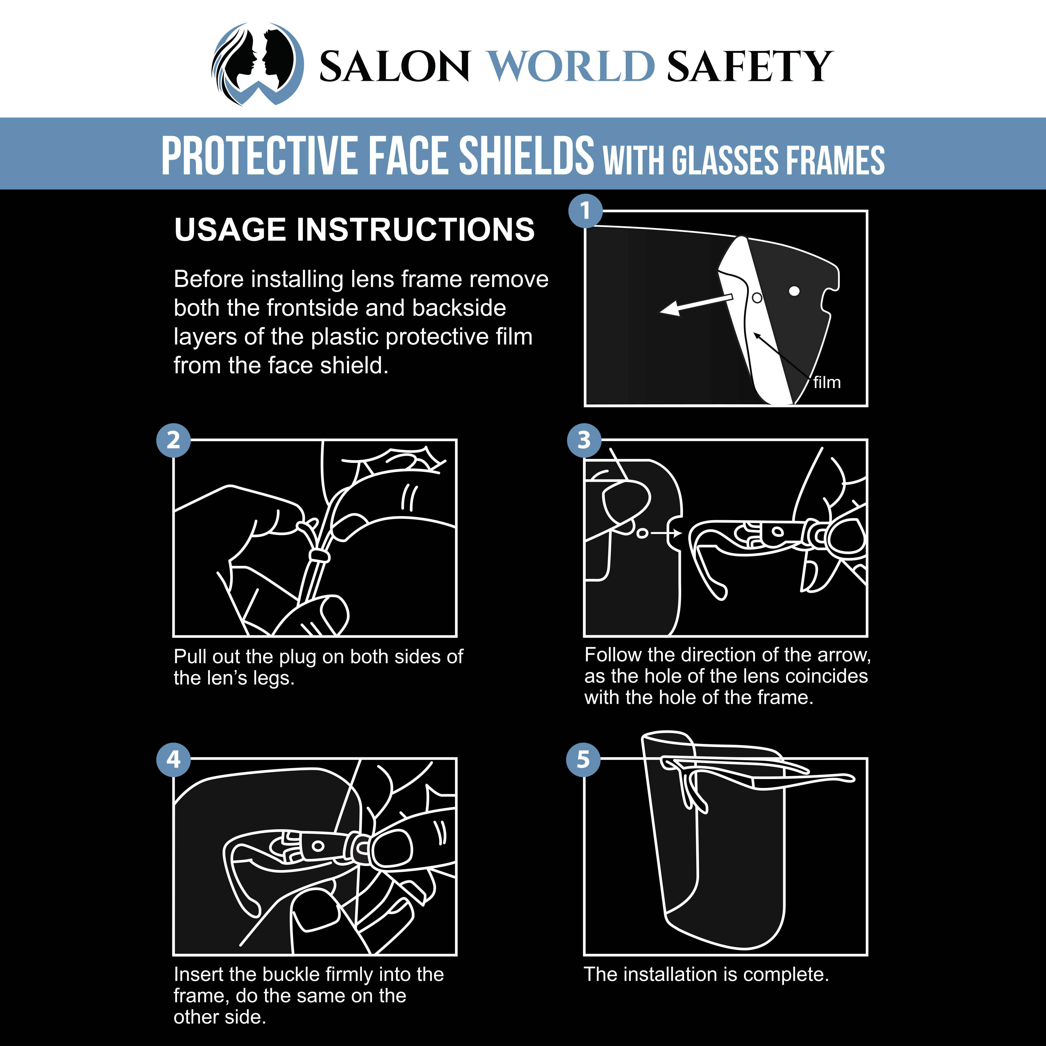 Salon World Safety Face Shields with Black Glasses Frames (20 Packs of 4) - Ultra Clear Protective Full Face Shields to Protect Eyes, Nose, Mouth - Anti-Fog PET Plastic, Goggles