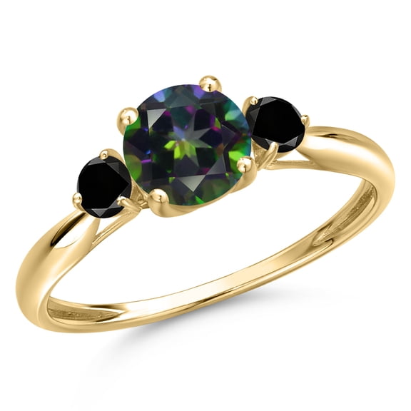 Gem Stone King 10K Yellow Gold Green Mystic Topaz and Black Diamond 3-Stone Ring for Women | 1.20 Cttw | Round 6MM | Gemstone November Birthstone | Size 7