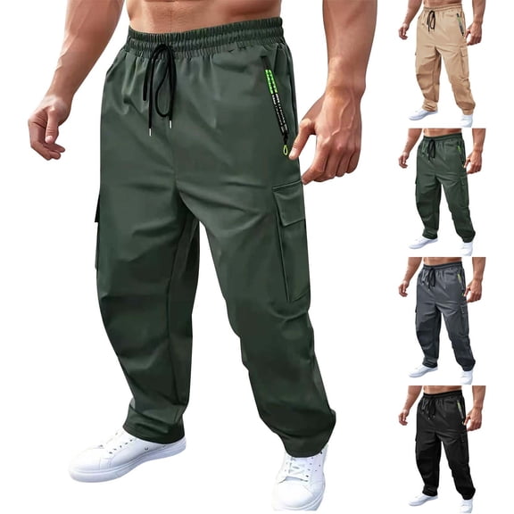Mens Relaxed Fit Stretch Cargo Pant Casual Sport Pocket D Zipper Solid Color Elastic Waist Cargo Pants
