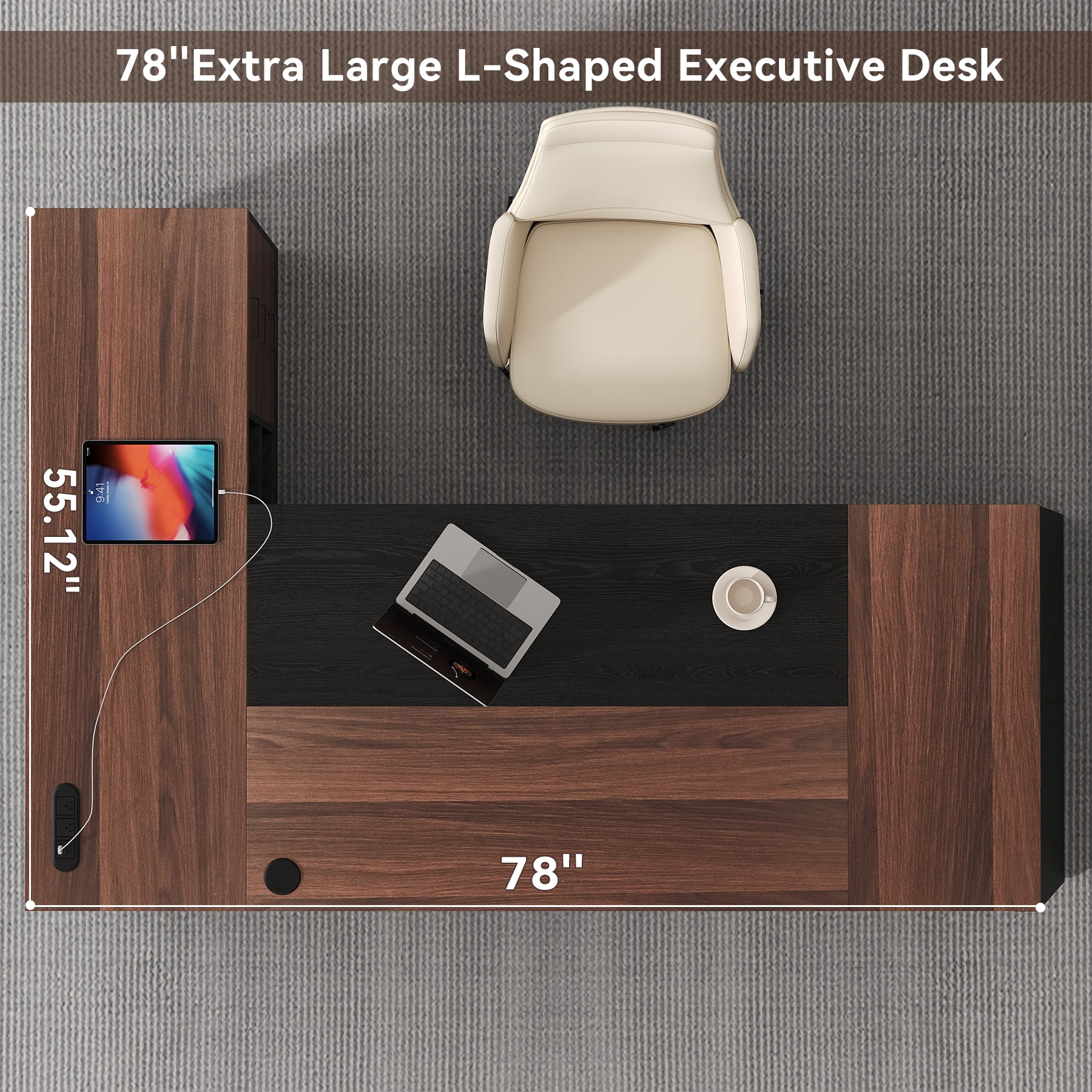 L-Shaped Executive Desk with Power Outlet, 78-Inch Large Office Desk with Storage Drawer and Lateral File Cabinet, Modern Computer Table with Open Shelf and PC Stand for Study, Brown Black
