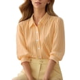 thumbnail image 2 of ClodeEU Women's Striped Collared 3/4 Sleeve Puff Sleeve Button Shirt, Elegant Blouse for Office and Casual Wear Yellow,Women's Plus M, 2 of 8