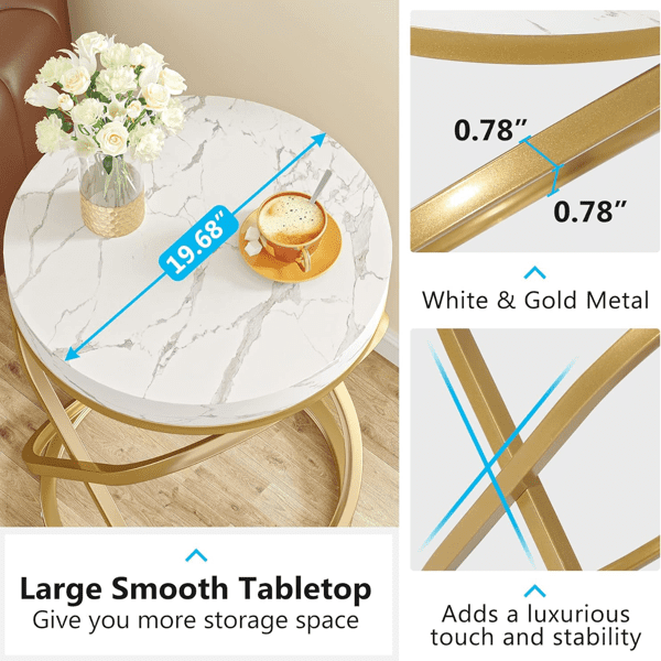 Faux Marble Round End Table, Large Top, Gold Metal Frame for Bedroom/Living Room as Nightstand/Sofa Side Table